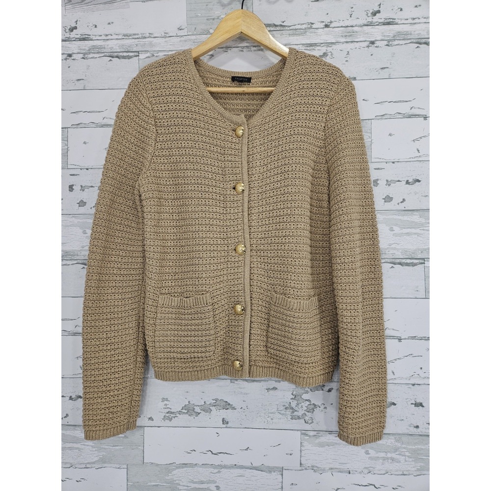 Talbots Womens Gold Metallic Knit Cardigan Sweater Crest Buttons Sz M Pocketed